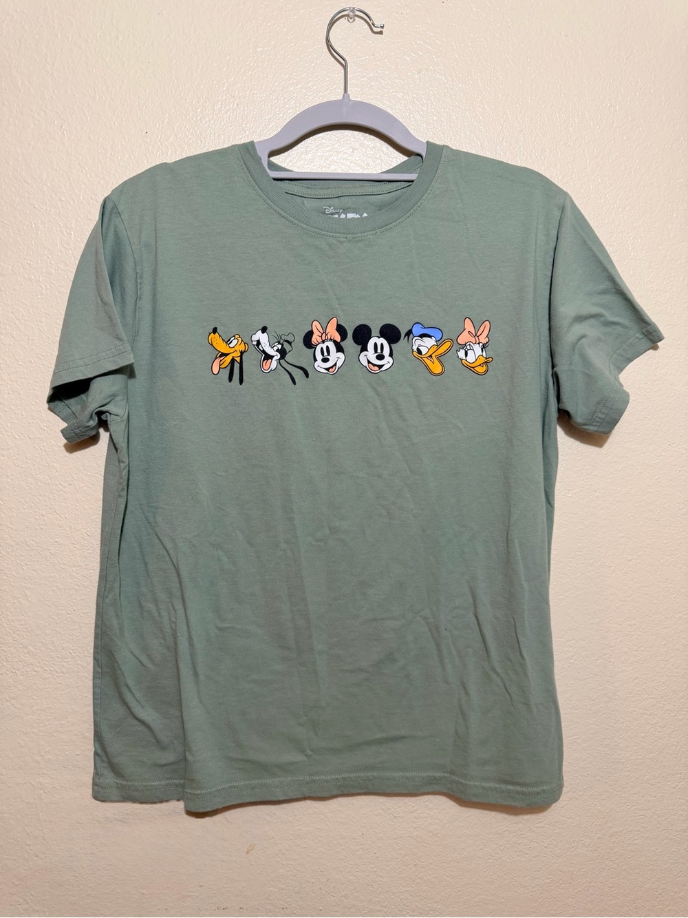 Disney Women's Sage Green Crewneck Tee with Classic Character Faces Size XL